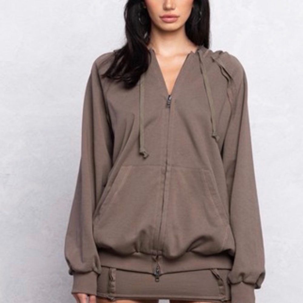 #075 grey/brown oversized loose fit zip up jacket